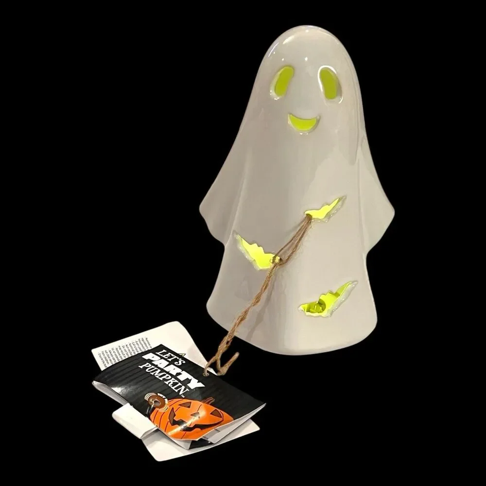 Halloween Ceramic Light-Up Friendly Ghost W Bat Cutouts Approx 7” New W Tags